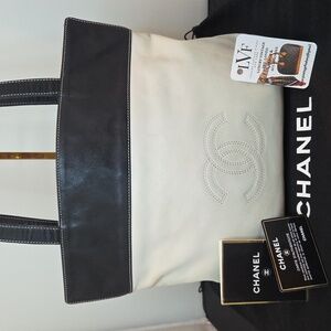 Chanel 1997 Coco Mark Contrast Tote 24kt Gold Plated W/Chanel Card/Book